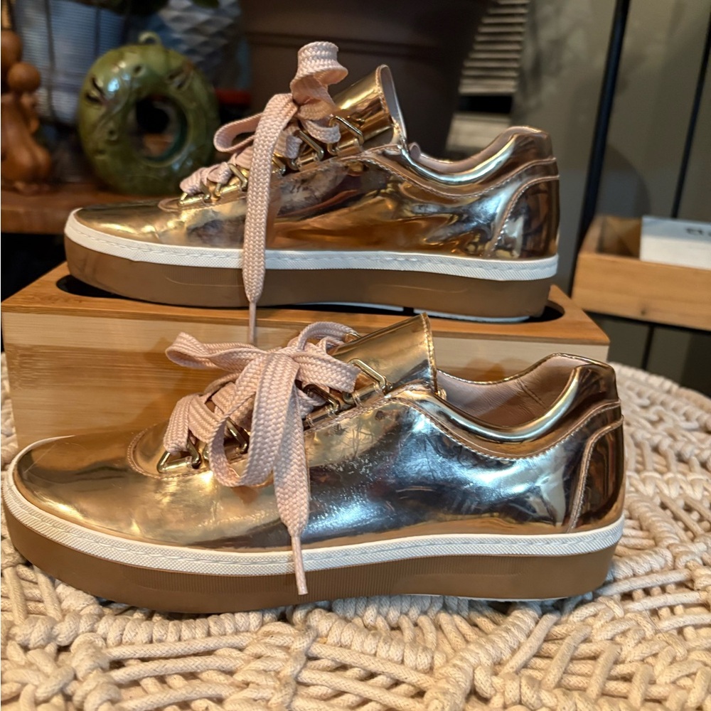 Stuart Weitzman Gold Sneakers with Pink Laces